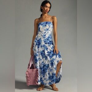 Anthropologie Maeve Blue & White Floral Drop Waist Maxi Dress Size XXS